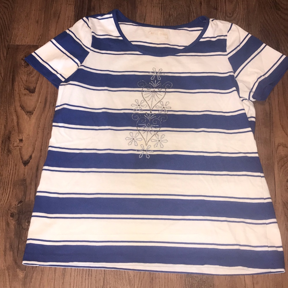 Embellished Blue and White Striped Short Sleeve Top coral bay medium